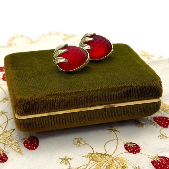 Sarah Cov Jewelry - Vintage Sarah Coventry Strawberry Festival Red Earrings Clip On Book Piece